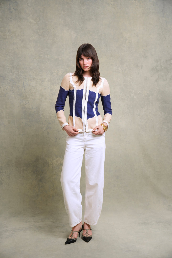 Chanel Beige and Blue Sequin-Trimmed Jacket by Karl Lagerfeld (Cruise 2005)