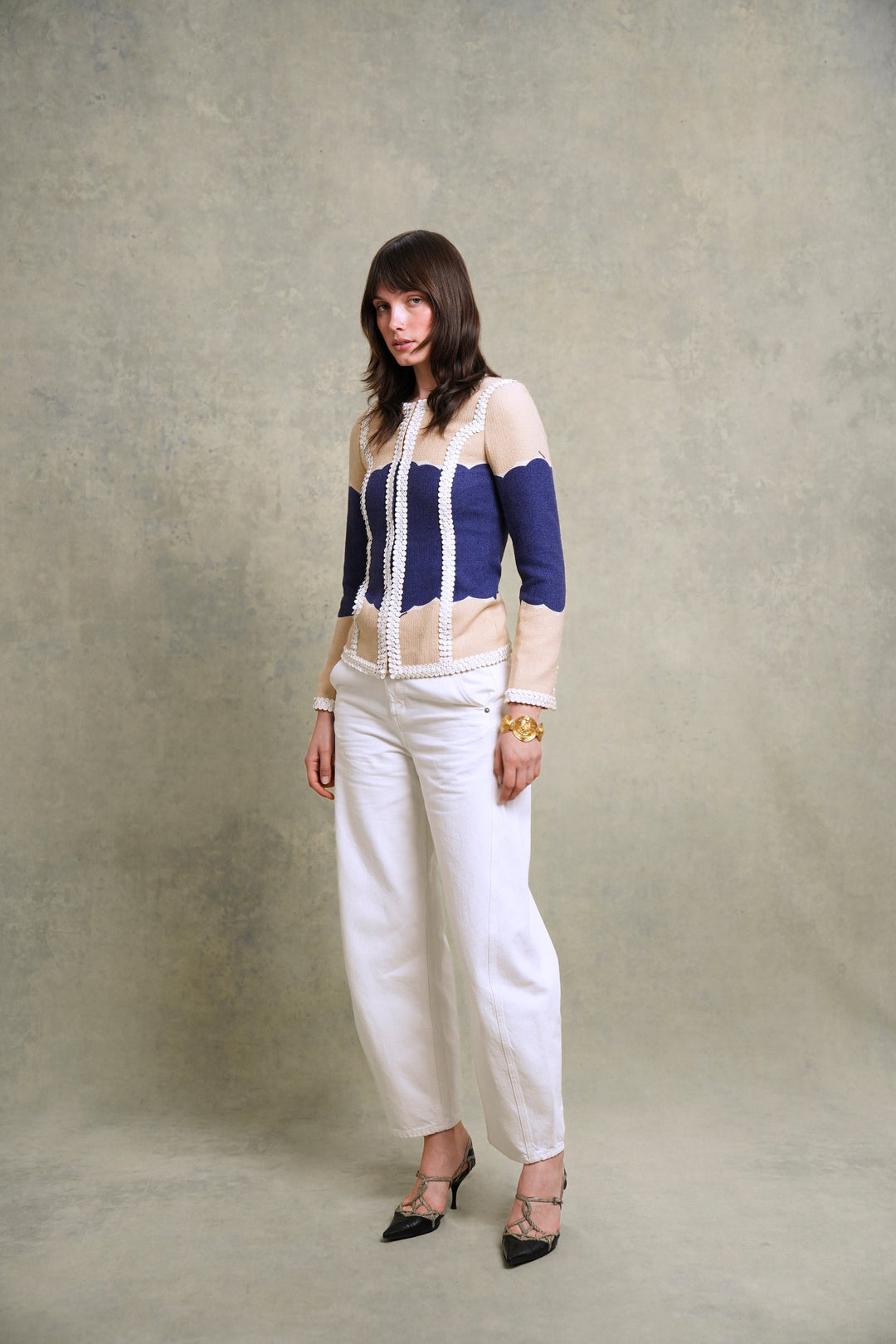 Chanel Beige and Blue Sequin-Trimmed Jacket by Karl Lagerfeld (Cruise 2005)