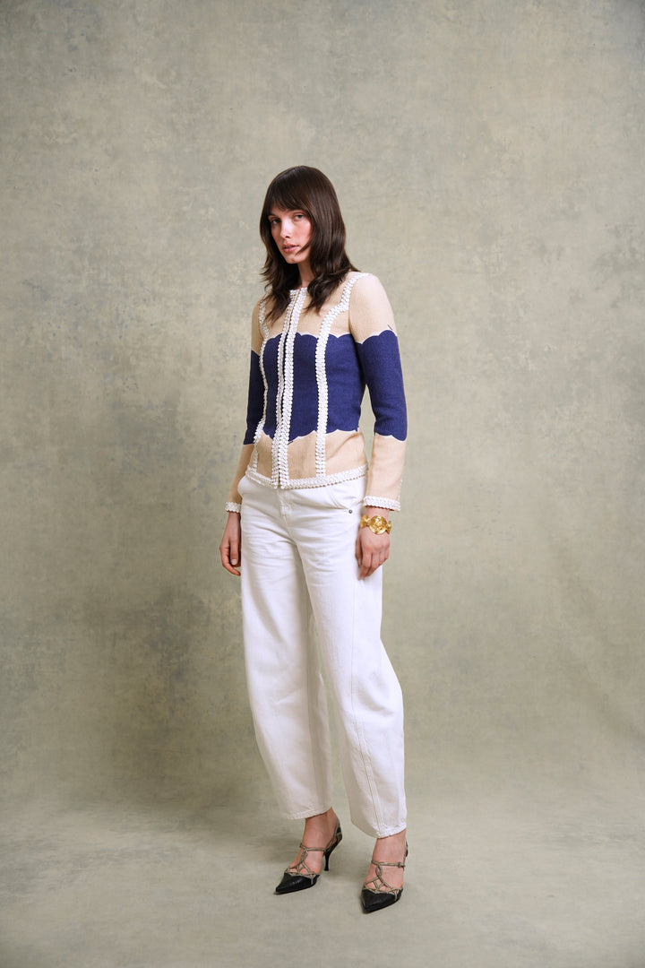 Chanel Beige and Blue Sequin-Trimmed Jacket by Karl Lagerfeld (Cruise 2005)