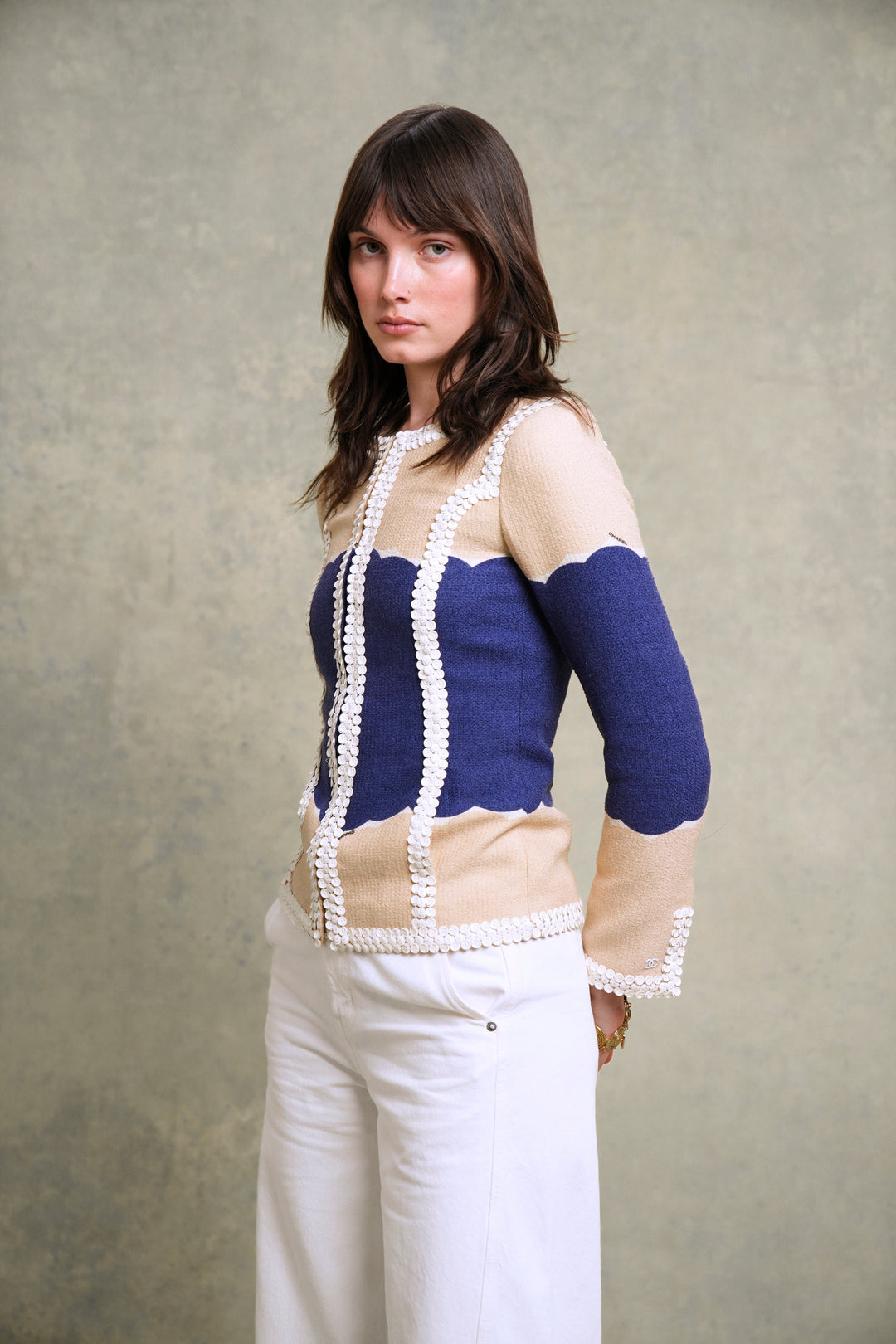 Chanel Beige and Blue Sequin-Trimmed Jacket by Karl Lagerfeld (Cruise 2005)