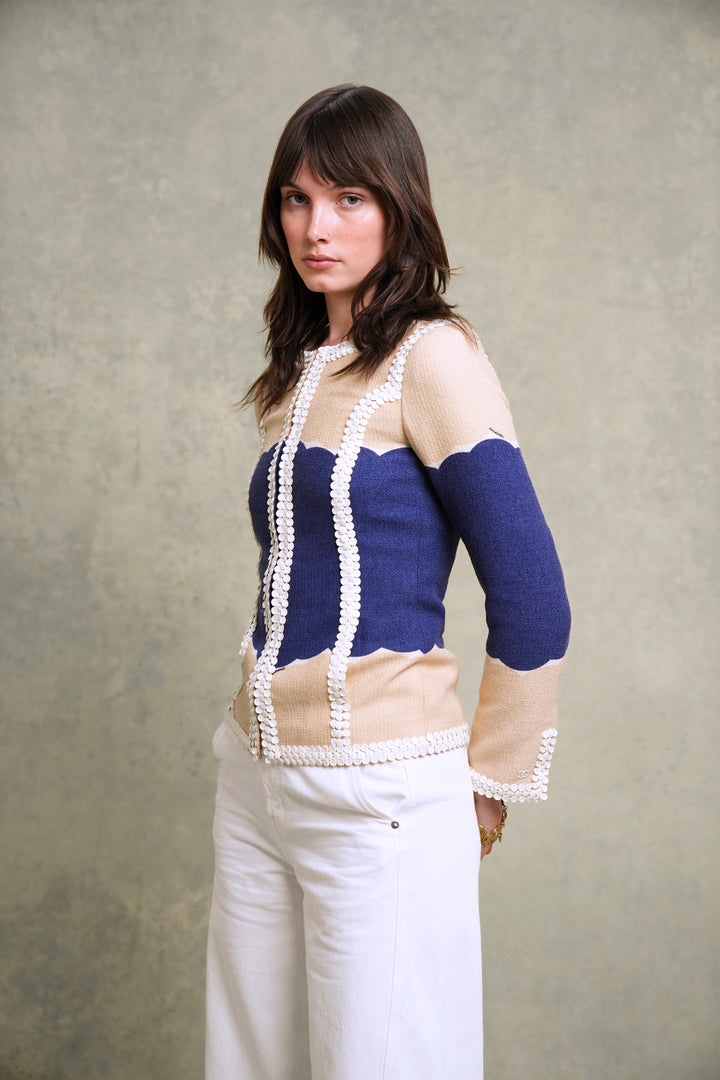 Chanel Beige and Blue Sequin-Trimmed Jacket by Karl Lagerfeld (Cruise 2005)