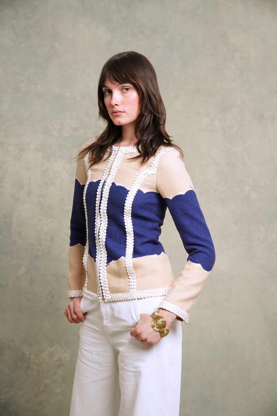 Chanel Beige and Blue Sequin-Trimmed Jacket by Karl Lagerfeld (Cruise 2005)