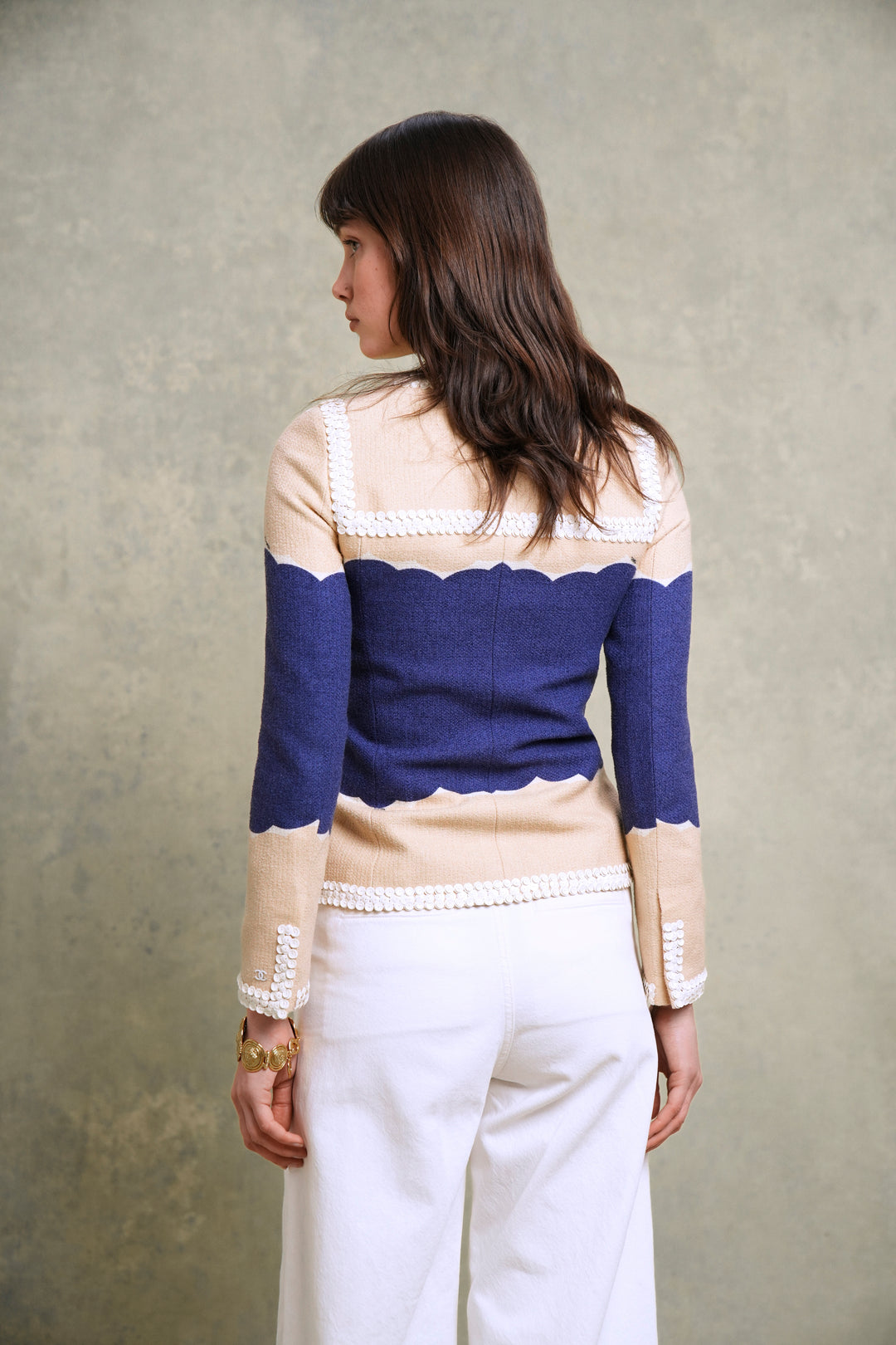 Chanel Beige and Blue Sequin-Trimmed Jacket by Karl Lagerfeld (Cruise 2005)