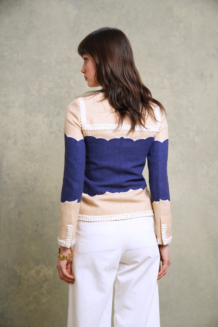 Chanel Beige and Blue Sequin-Trimmed Jacket by Karl Lagerfeld (Cruise 2005)