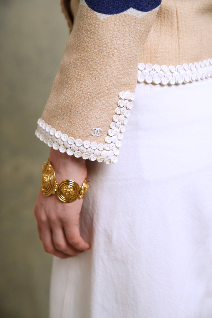 Chanel Beige and Blue Sequin-Trimmed Jacket by Karl Lagerfeld (Cruise 2005)