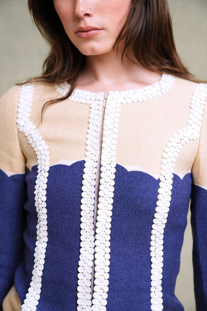 Chanel Beige and Blue Sequin-Trimmed Jacket by Karl Lagerfeld (Cruise 2005)