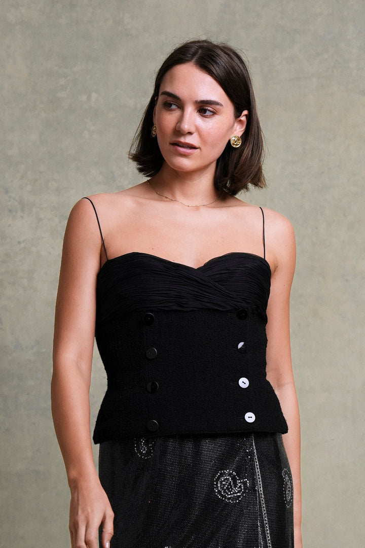 Valentino Black Bouclé and Silk Chiffon Bustier Top (c. 1990s)