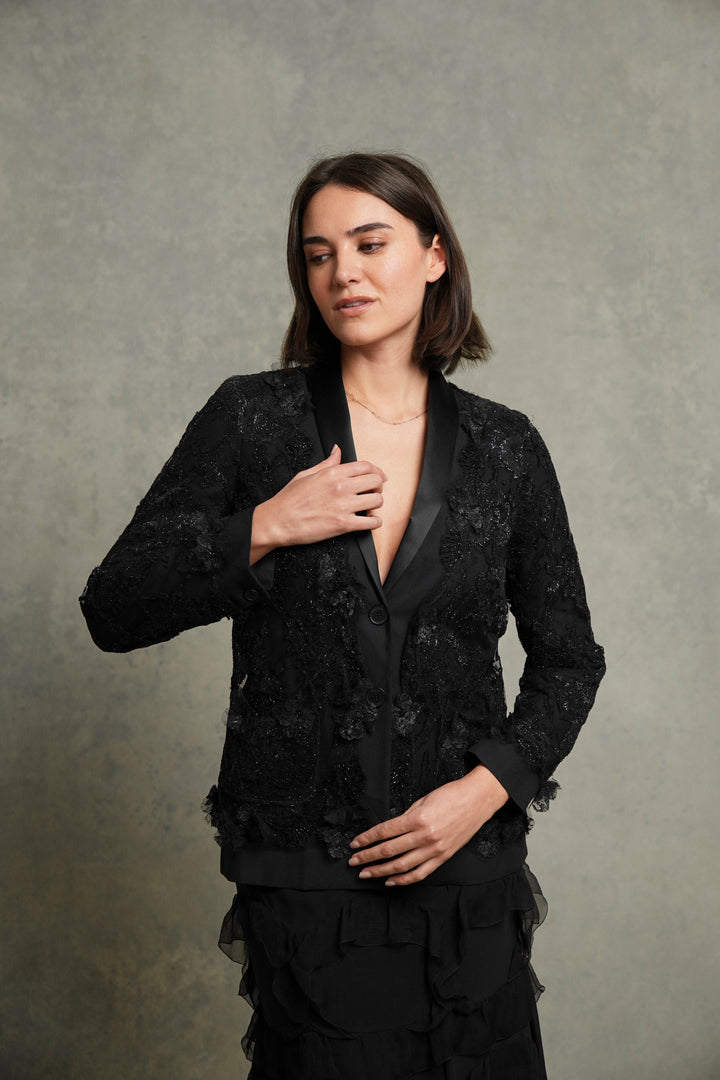 Chanel Black Beaded Lace Tuxedo Jacket by Karl Lagerfeld (AW 2011)