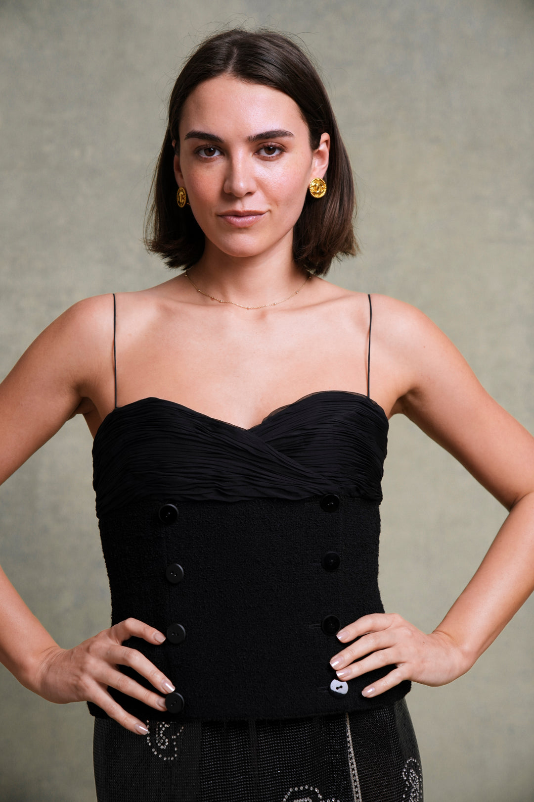 Valentino Black Bouclé and Silk Chiffon Bustier Top (c. 1990s)