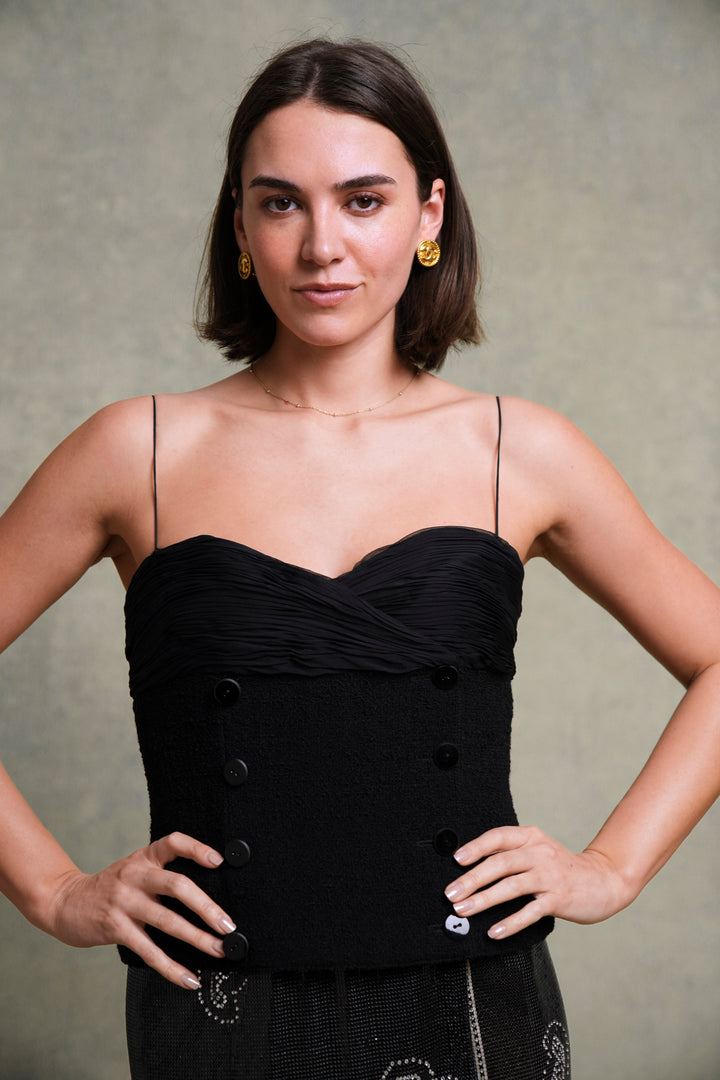 Valentino Black Bouclé and Silk Chiffon Bustier Top (c. 1990s)
