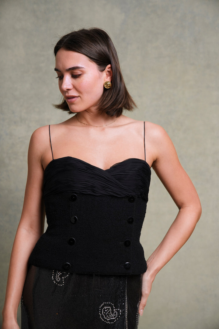 Valentino Black Bouclé and Silk Chiffon Bustier Top (c. 1990s)