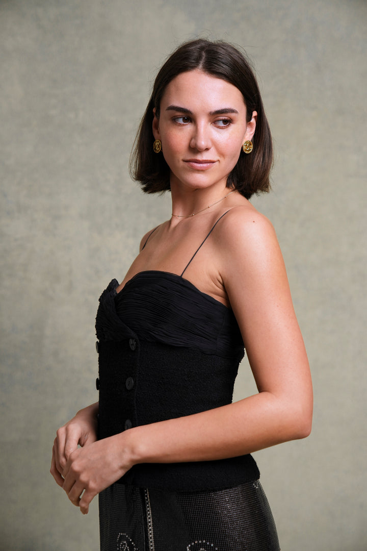 Valentino Black Bouclé and Silk Chiffon Bustier Top (c. 1990s)