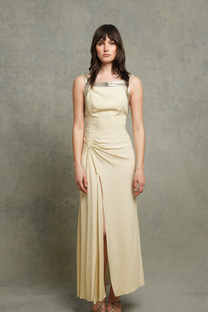 Roberto Cavalli Embellished Cream Satin-Backed Crêpe Dress (2000s)