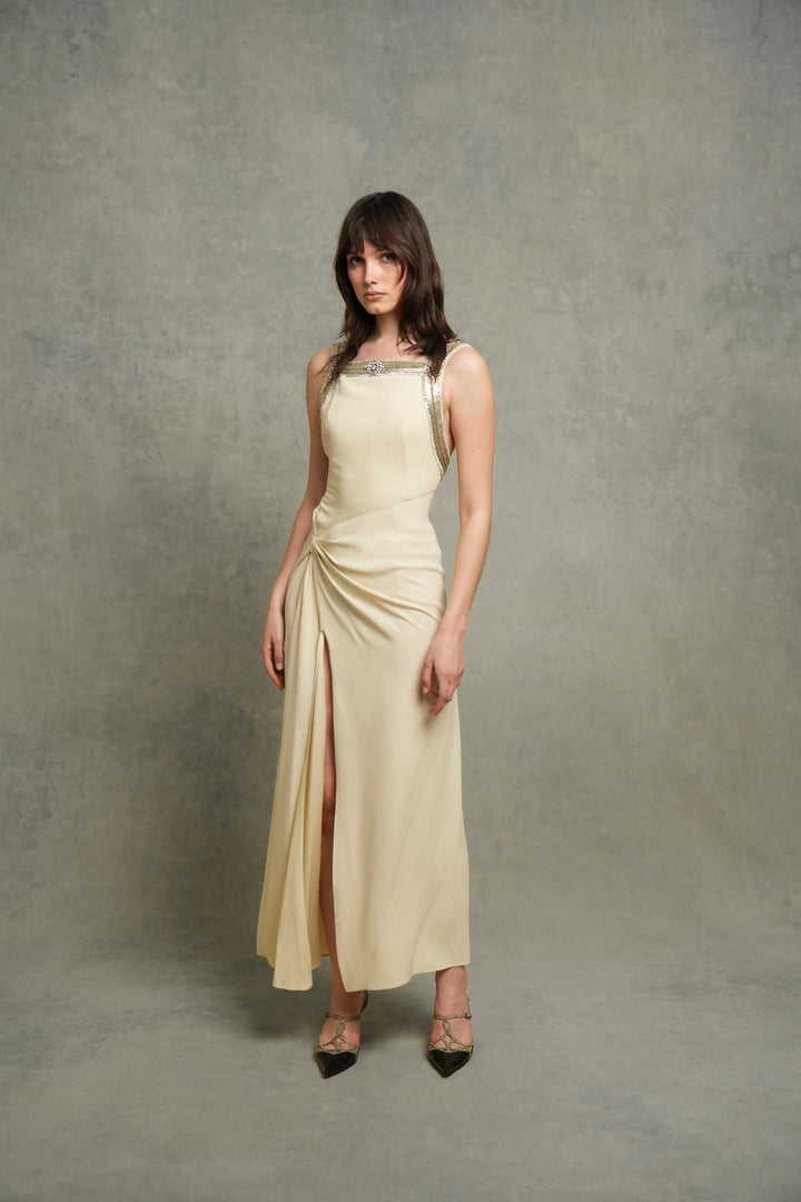 Roberto Cavalli Embellished Cream Satin-Backed Crêpe Dress (2000s)