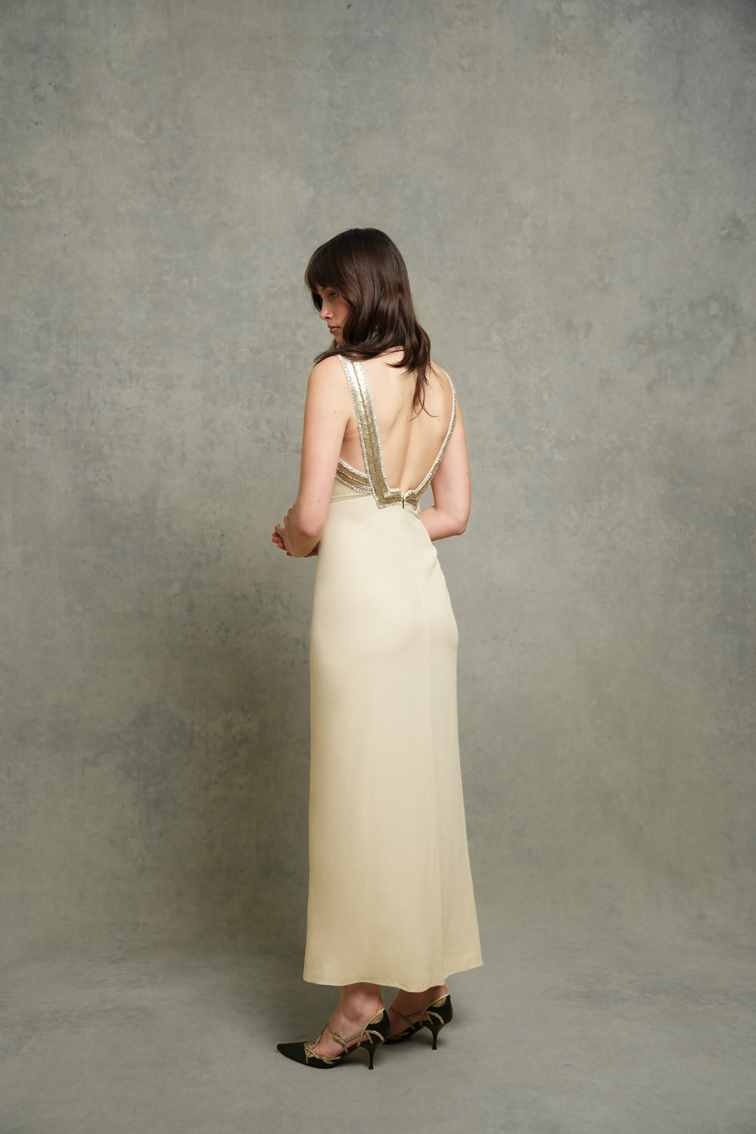 Roberto Cavalli Embellished Cream Satin-Backed Crêpe Dress (2000s)