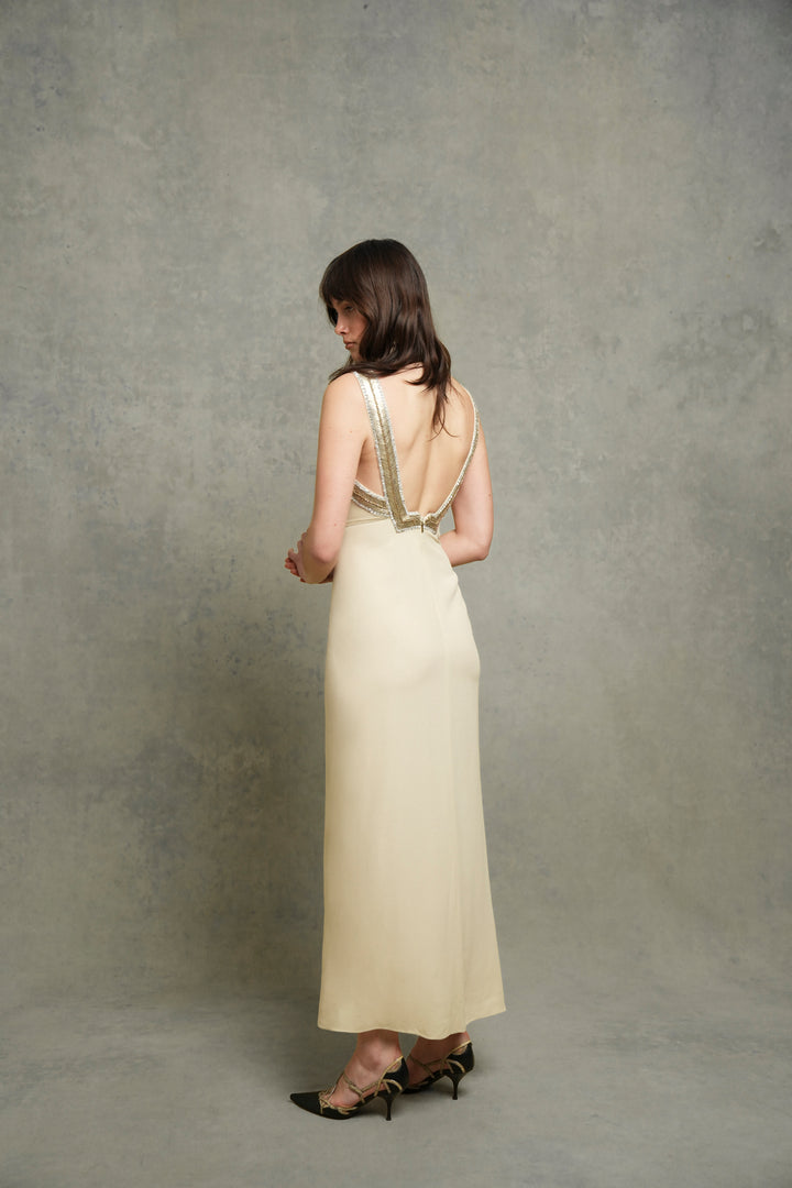 Roberto Cavalli Embellished Cream Satin-Backed Crêpe Dress (2000s)