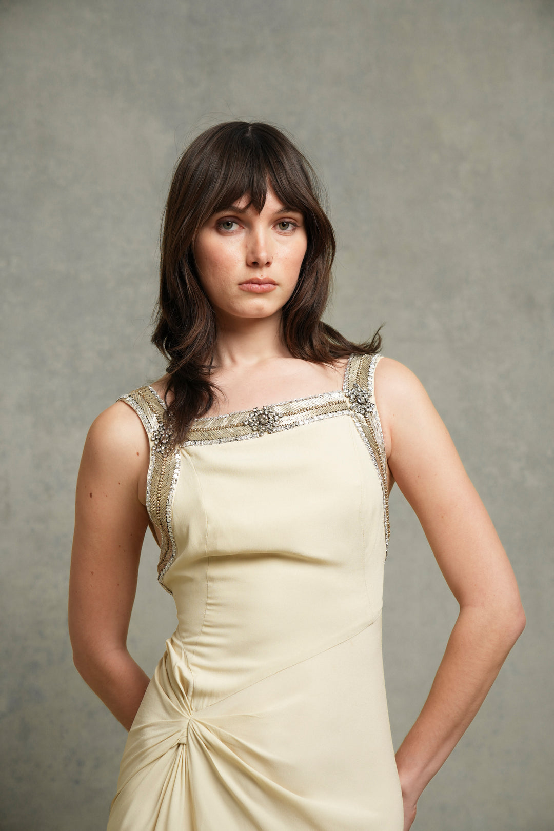 Roberto Cavalli Embellished Cream Satin-Backed Crêpe Dress (2000s)