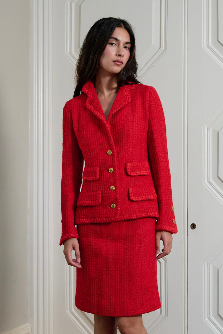 Chanel Haute Couture Red Tweed Suit by Karl Lagerfeld (c. 1980s)