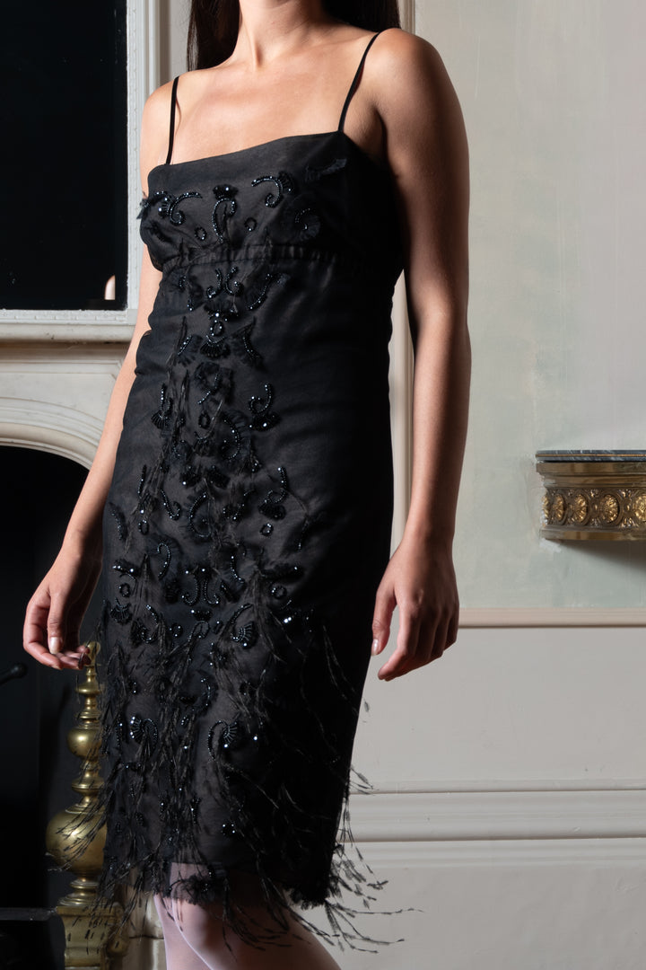 Chanel Black Beaded & Feather Cocktail Dress by Karl Lagerfeld (c.2010)