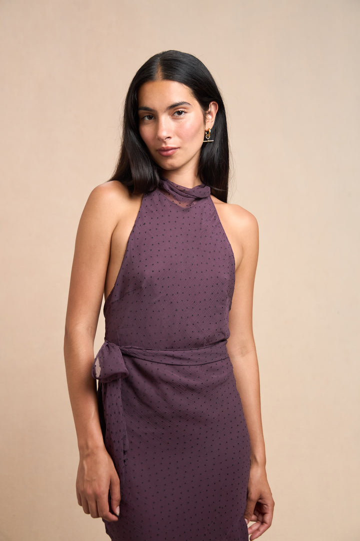 Christian Dior Aubergine Woven Dot Chiffon Dress by John Galliano (AW 2000)