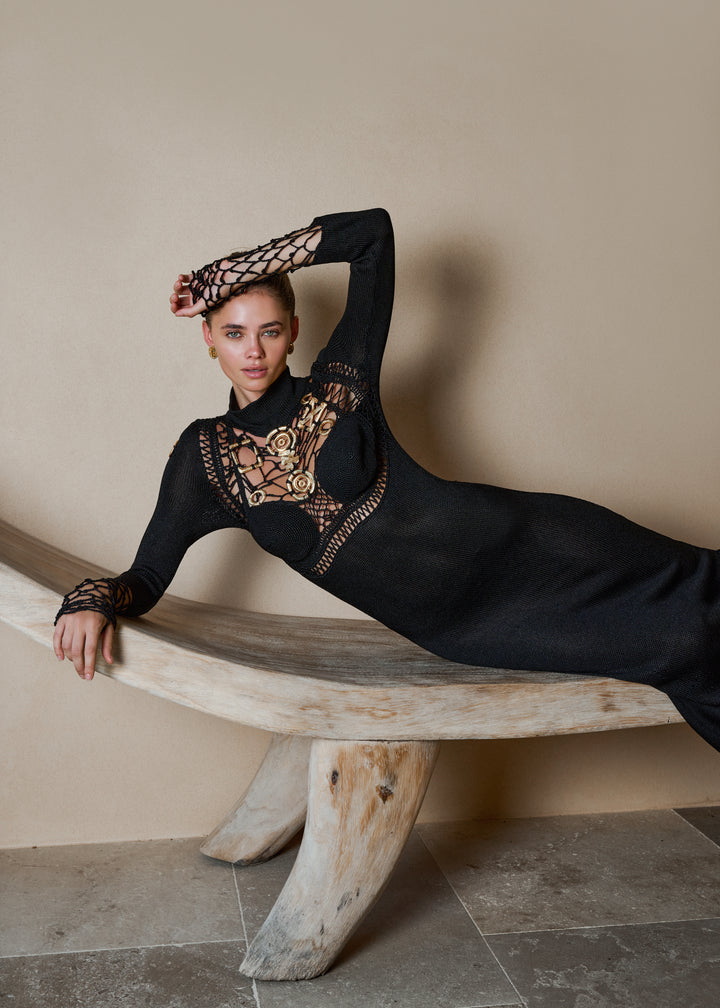 Christian Lacroix Black Knit Maxi Dress with Crochet Netting and Gold Jewels (AW 1993)