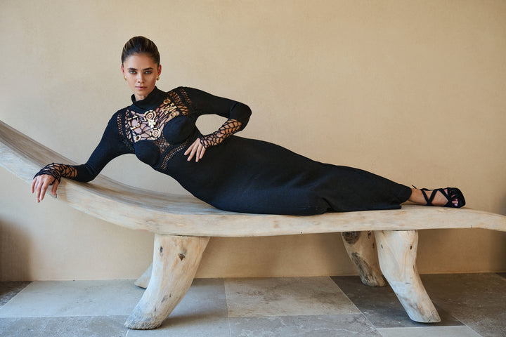 Christian Lacroix Black Knit Maxi Dress with Crochet Netting and Gold Jewels (AW 1993)
