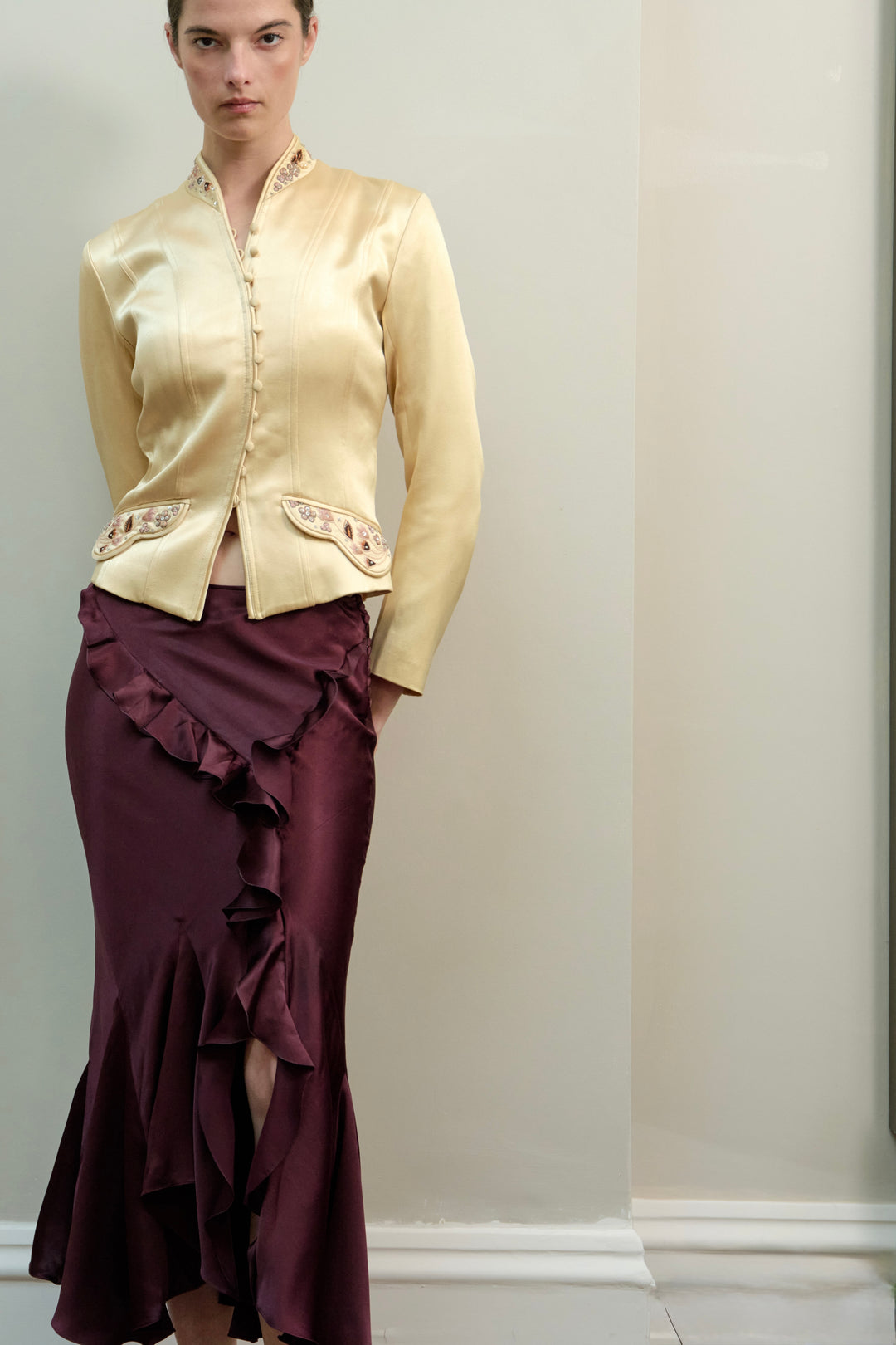 Christian Dior by John Galliano Burgundy Ruffled Satin Skirt (AW 2004)