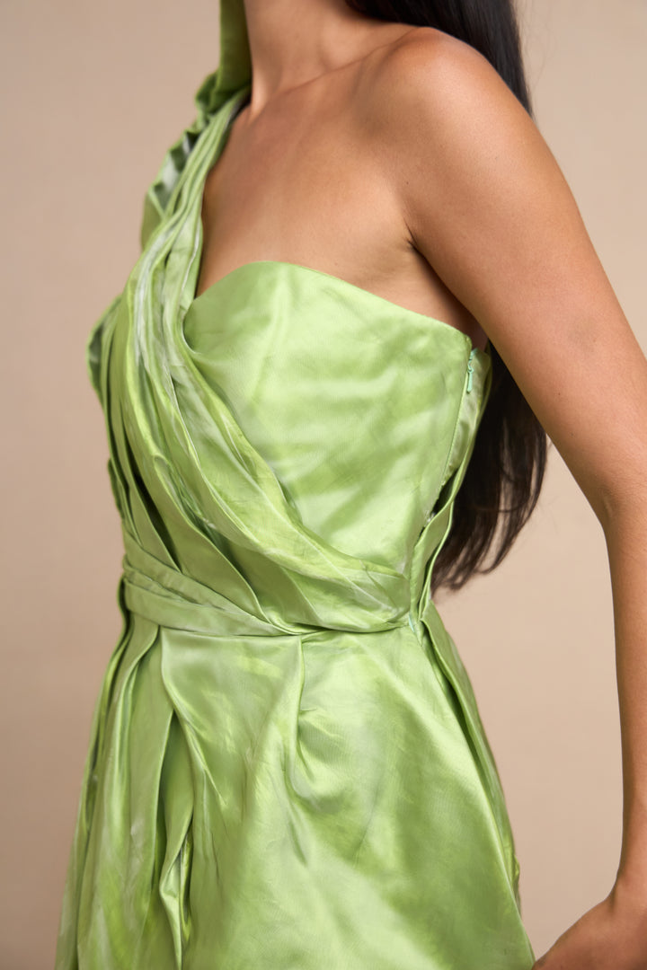 Green Liquid Silk One Shoulder Cocktail Dress by Raf Simons (SS 2013)