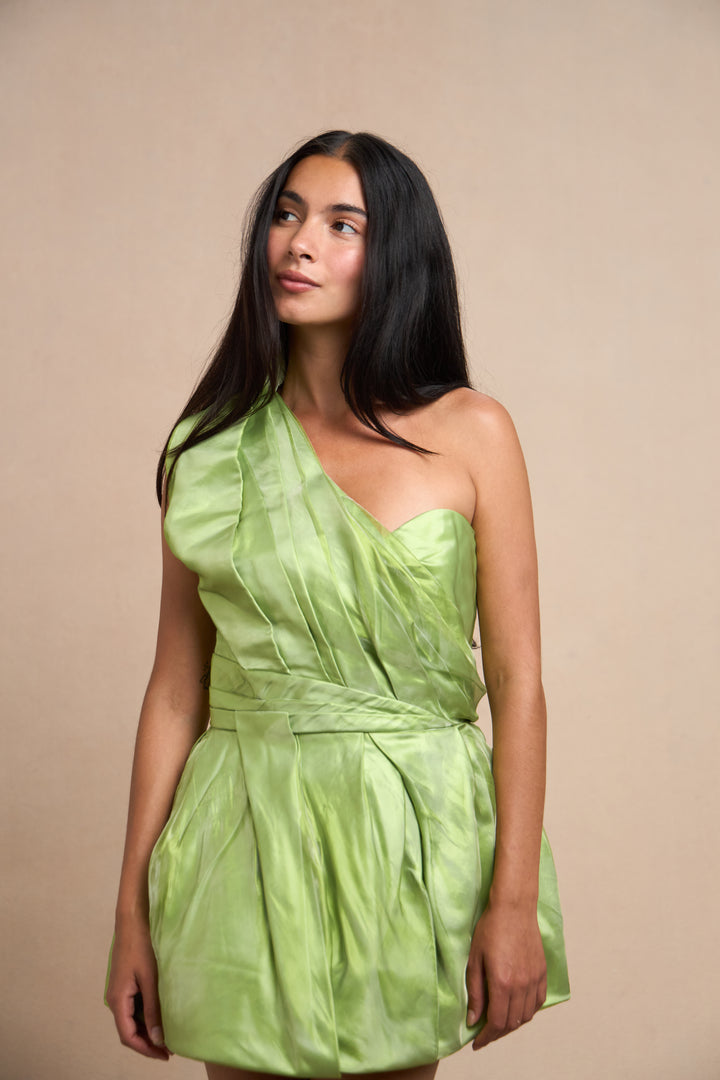 Green Liquid Silk One Shoulder Cocktail Dress by Raf Simons (SS 2013)