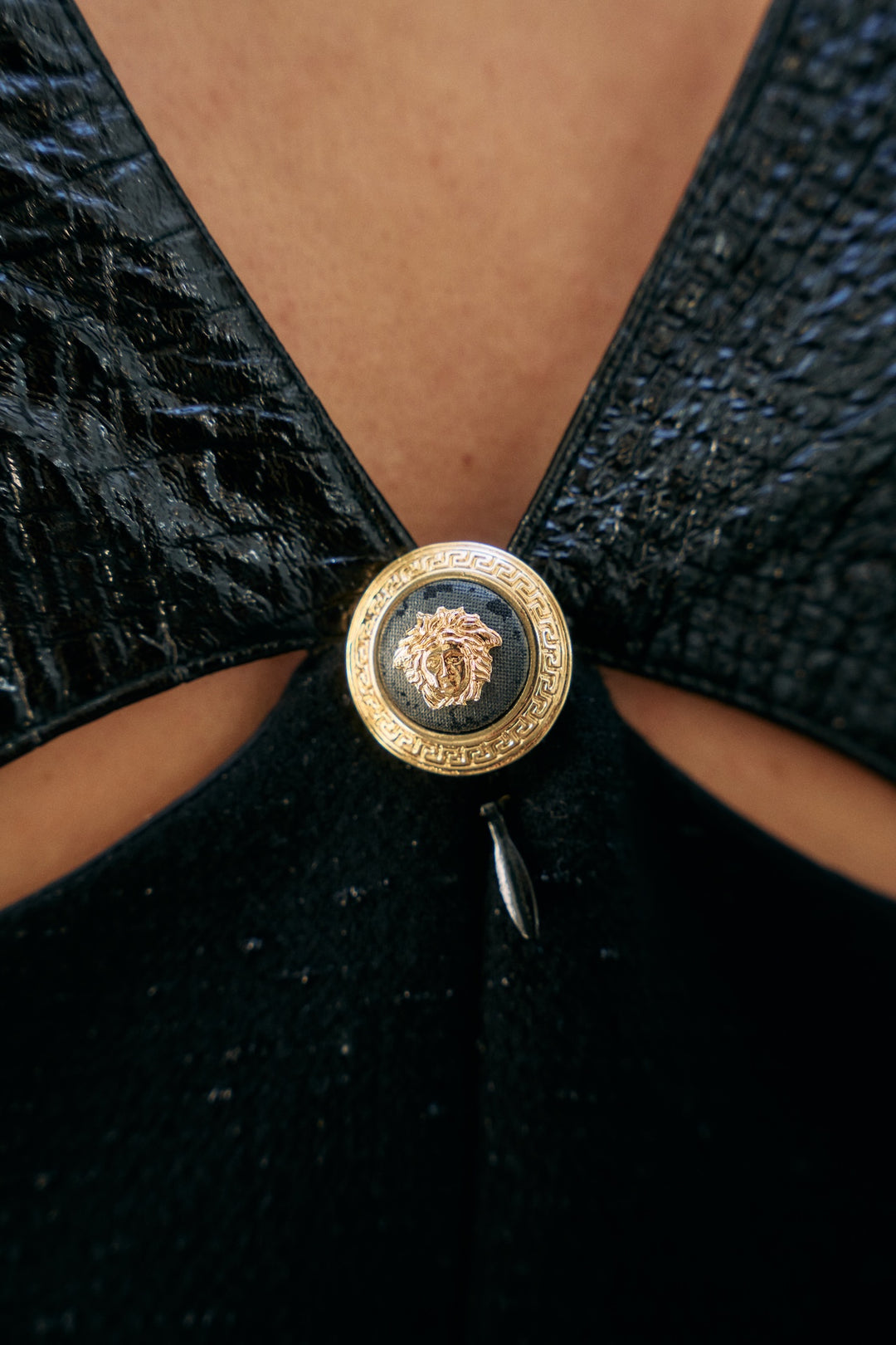 Gianni Versace Couture Black Bouclé and Patent Medusa Evening Gown (AW 1994)