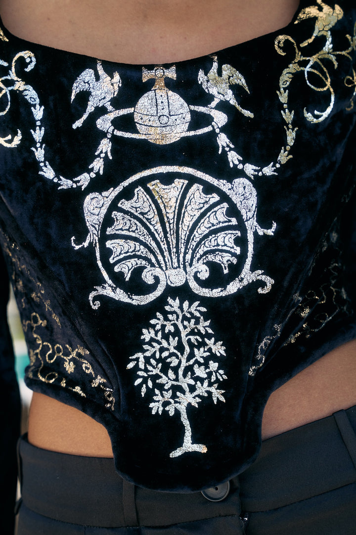 Vivienne Westwood Black Velvet Boulle Print Long Sleeve Corset (AW 1990)