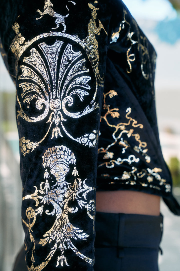 Vivienne Westwood Black Velvet Boulle Print Long Sleeve Corset (AW 1990)