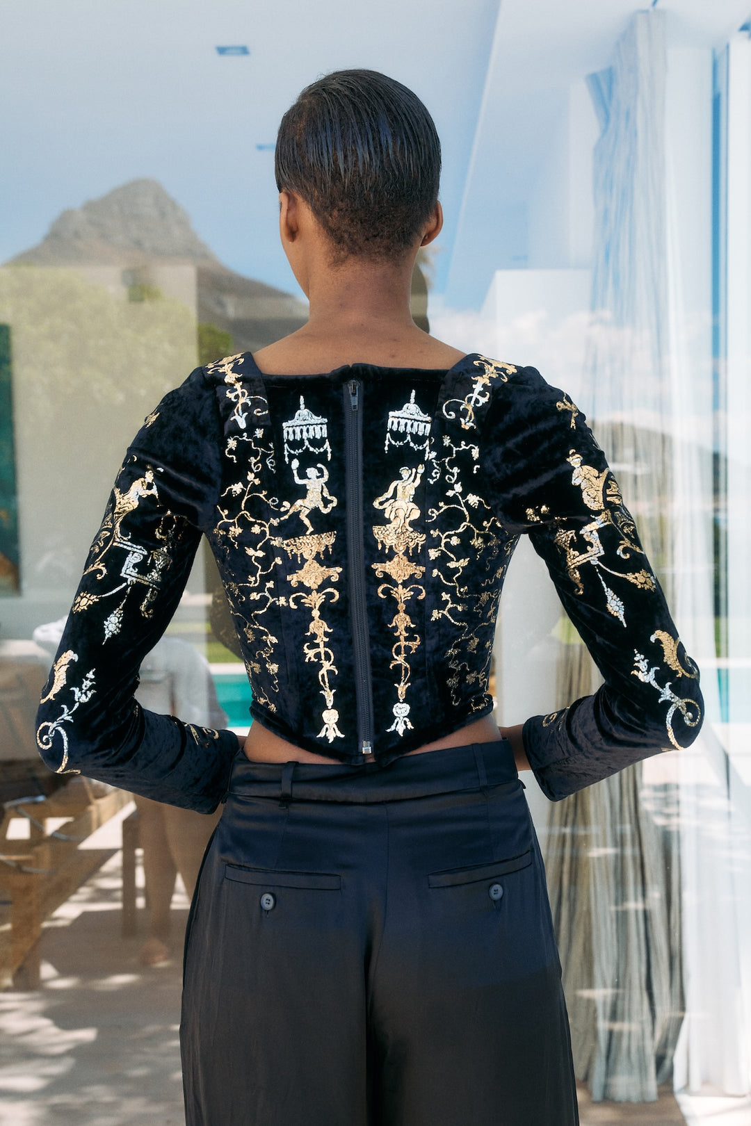 Vivienne Westwood Black Velvet Boulle Print Long Sleeve Corset (AW 1990)