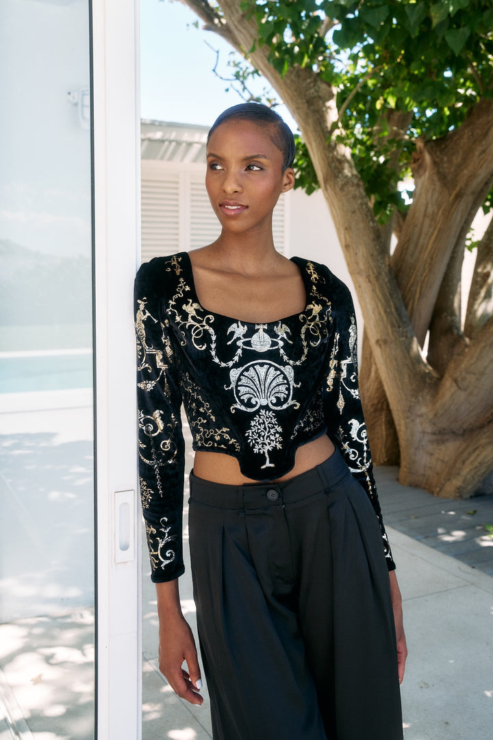 Vivienne Westwood Black Velvet Boulle Print Long Sleeve Corset (AW 1990)