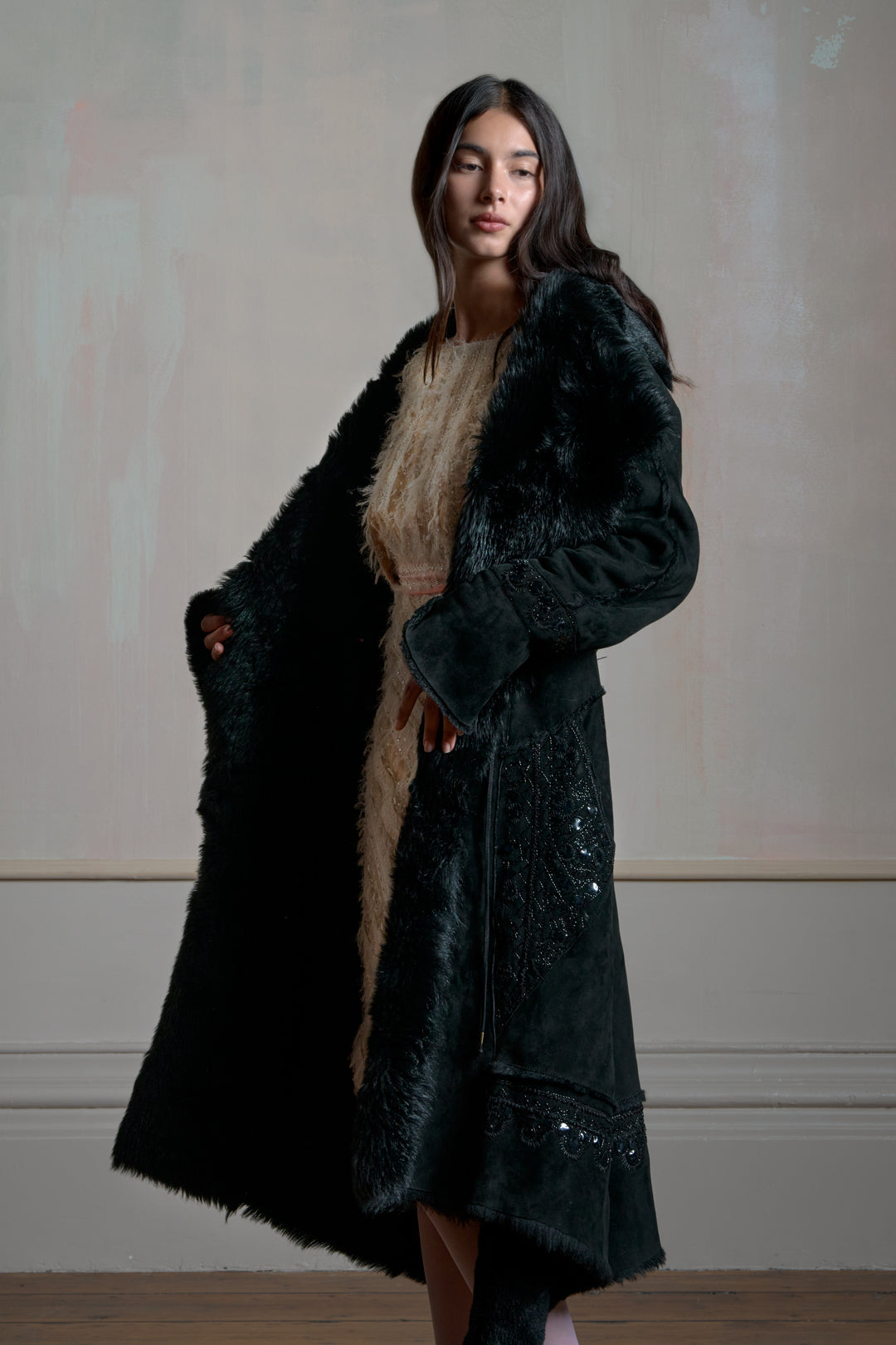 Roberto Cavalli Black Embellished Shearling Coat (c. 2000s)