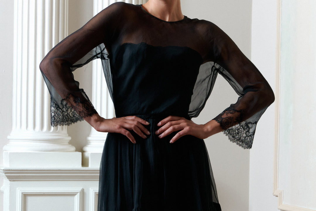 Christian Dior Haute Couture Cocktail Dress in Black Lace & Silk Chiffon (AW 1964)