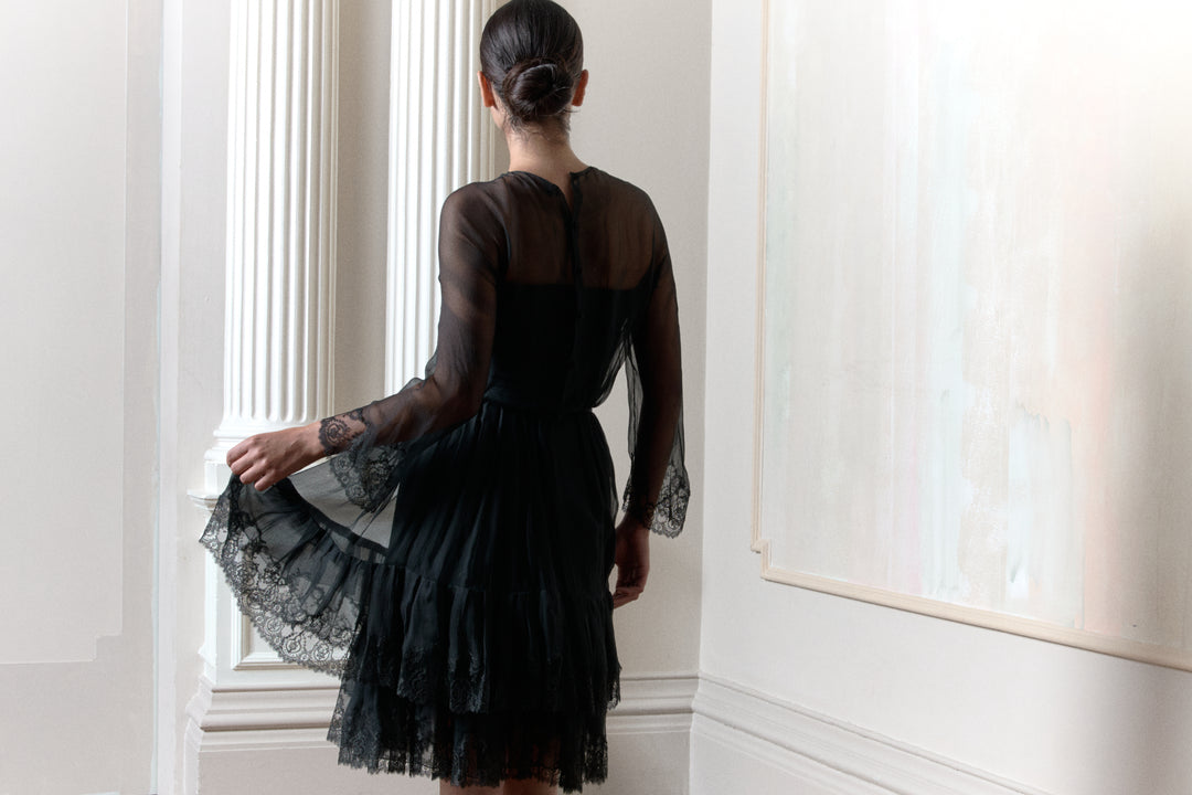Christian Dior Haute Couture Cocktail Dress in Black Lace & Silk Chiff – Epoque Couture