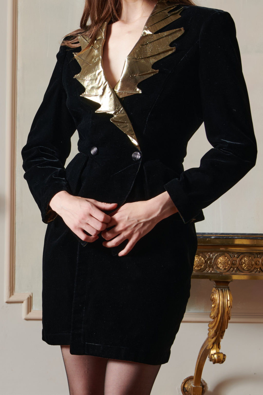 Thierry Mugler Black Velvet and Gold Lamé Suit (AW 1990)