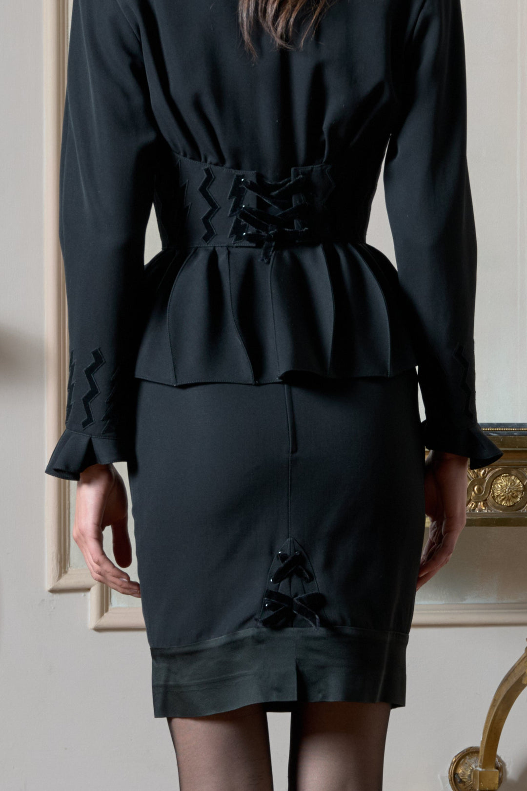 Thierry Mugler Couture Black Cotton and Velvet Skirt Suit (AW 1992)
