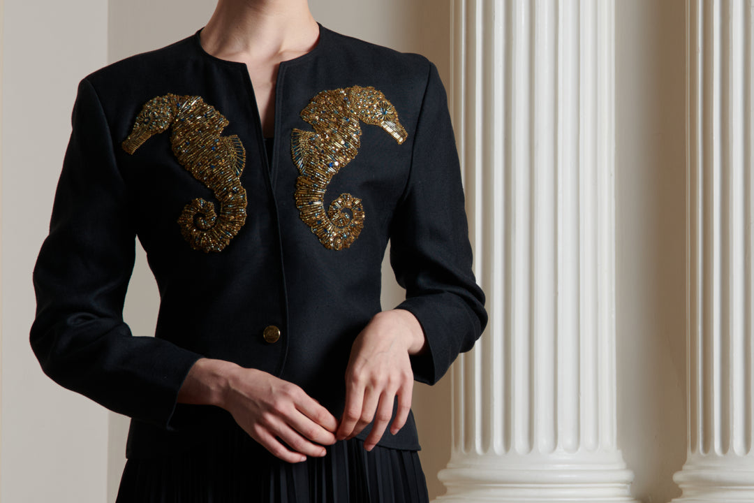 Christian Dior Black Linen Seahorse Jacket by Marc Bohan (SS 1989)