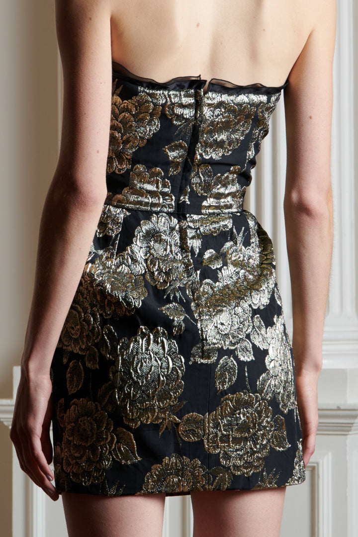 Dolce & Gabbana Strapless Black and Gold Brocade Mini Dress (c. 2000s)