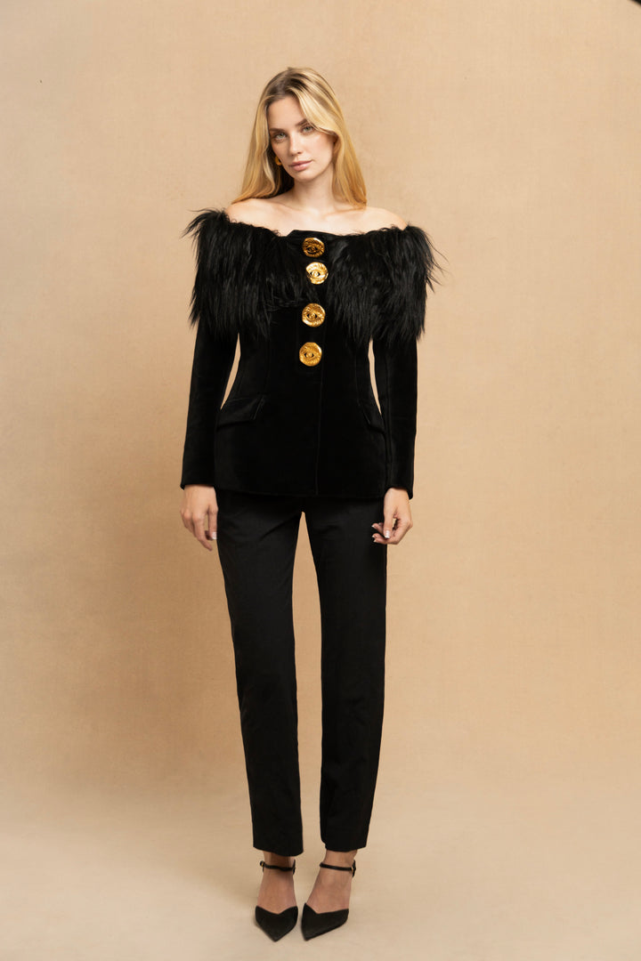 Schiaparelli Black Velvet Goat Hair Jacket by Daniel Roseberry (AW 2023)