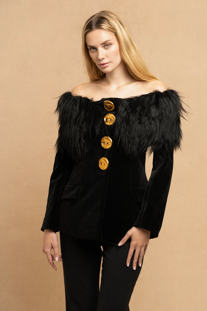 Schiaparelli Black Velvet Goat Hair Jacket by Daniel Roseberry (AW 2023)