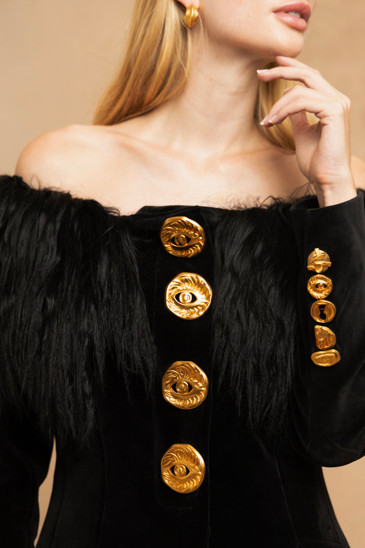 Schiaparelli Black Velvet Goat Hair Jacket by Daniel Roseberry (AW 2023)