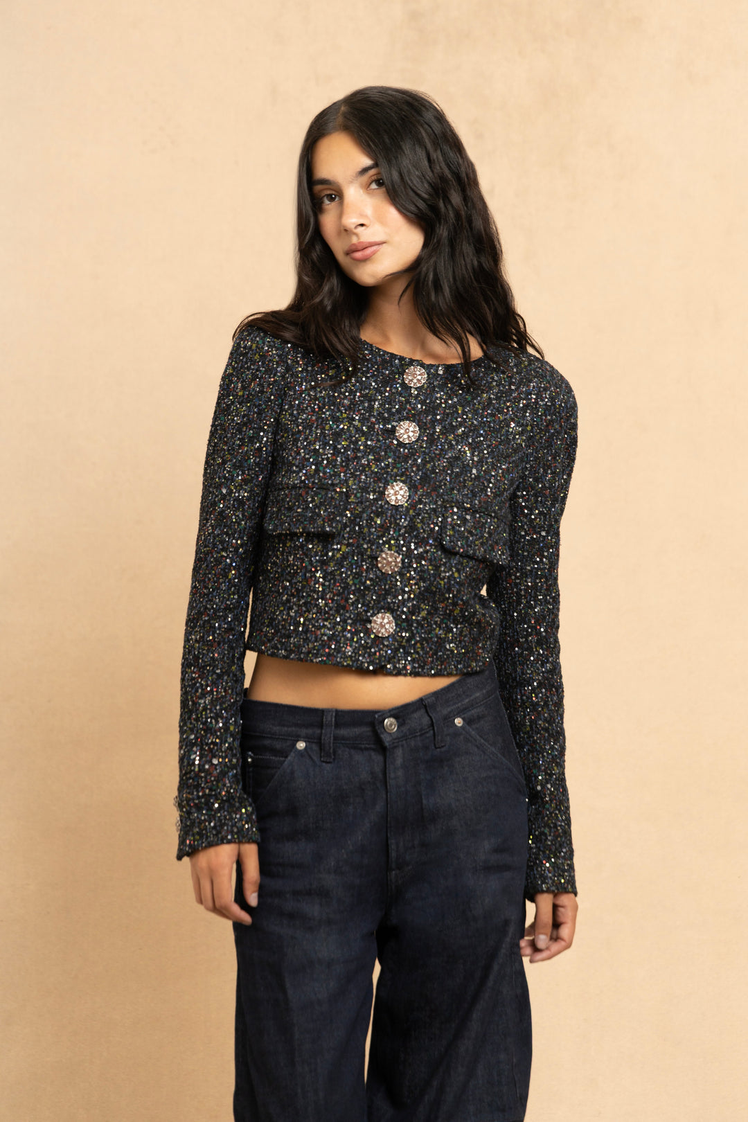 Chanel Charcoal Fantasy Tweed Jacket with Gripoix Buttons by Karl Lagerfeld (Resort 2015)
