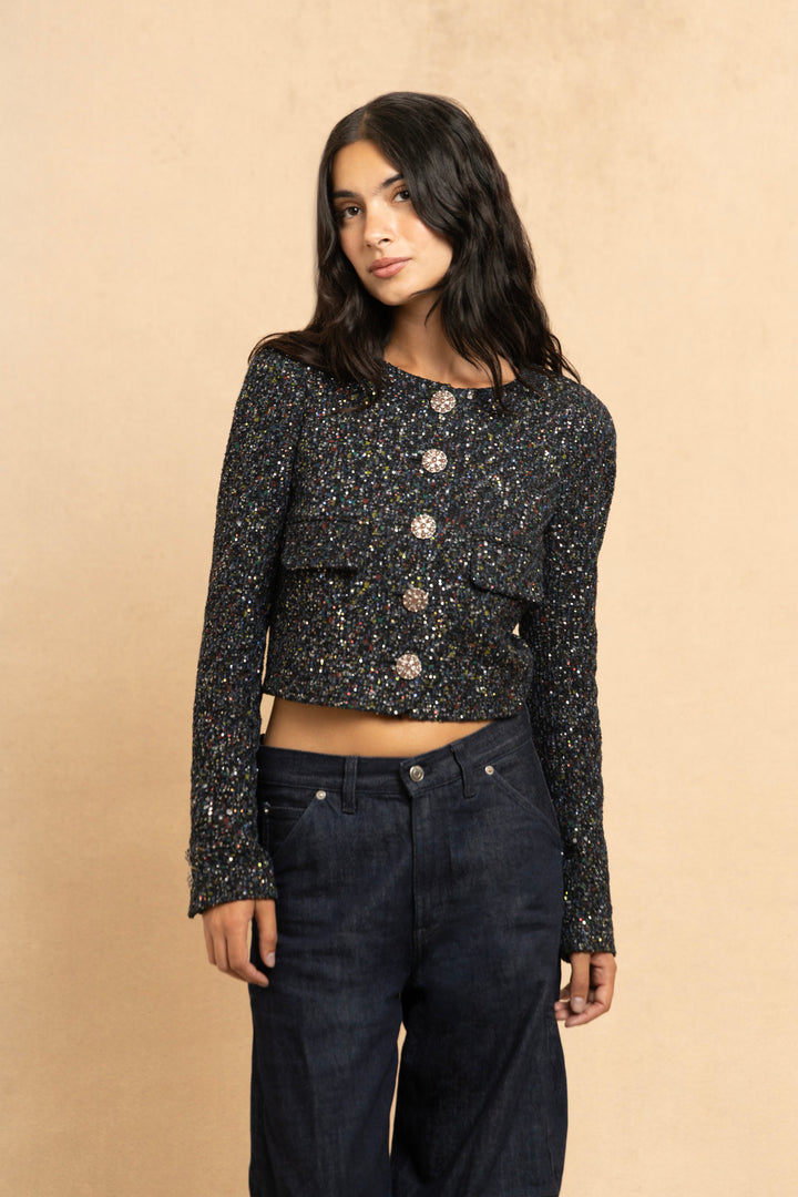 Chanel Charcoal Fantasy Tweed Jacket with Gripoix Buttons by Karl Lagerfeld (Resort 2015)
