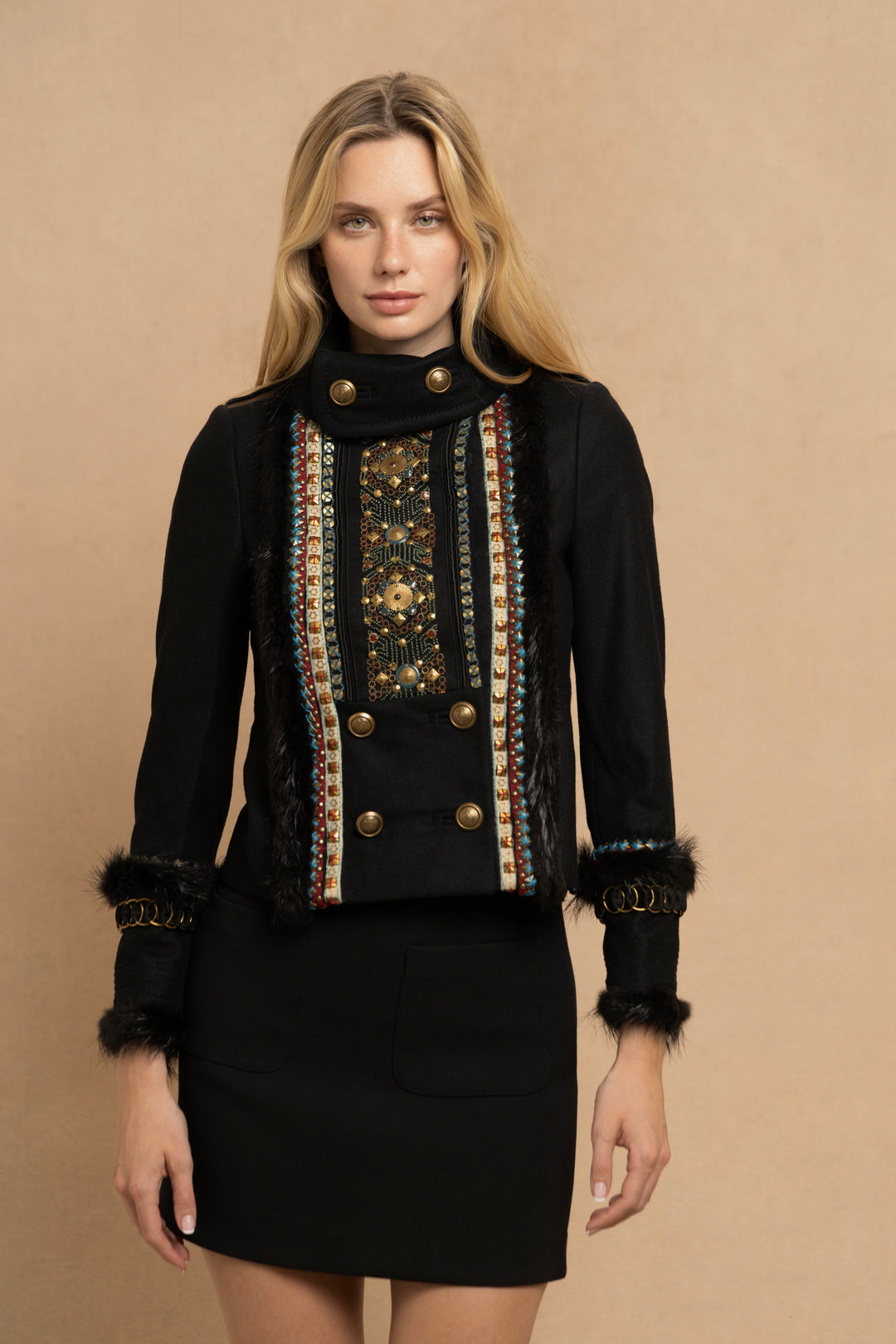 Gucci Black Wool Embroidered Military Jacket with Beaver Trim by Frida Giannini (AW 2008)