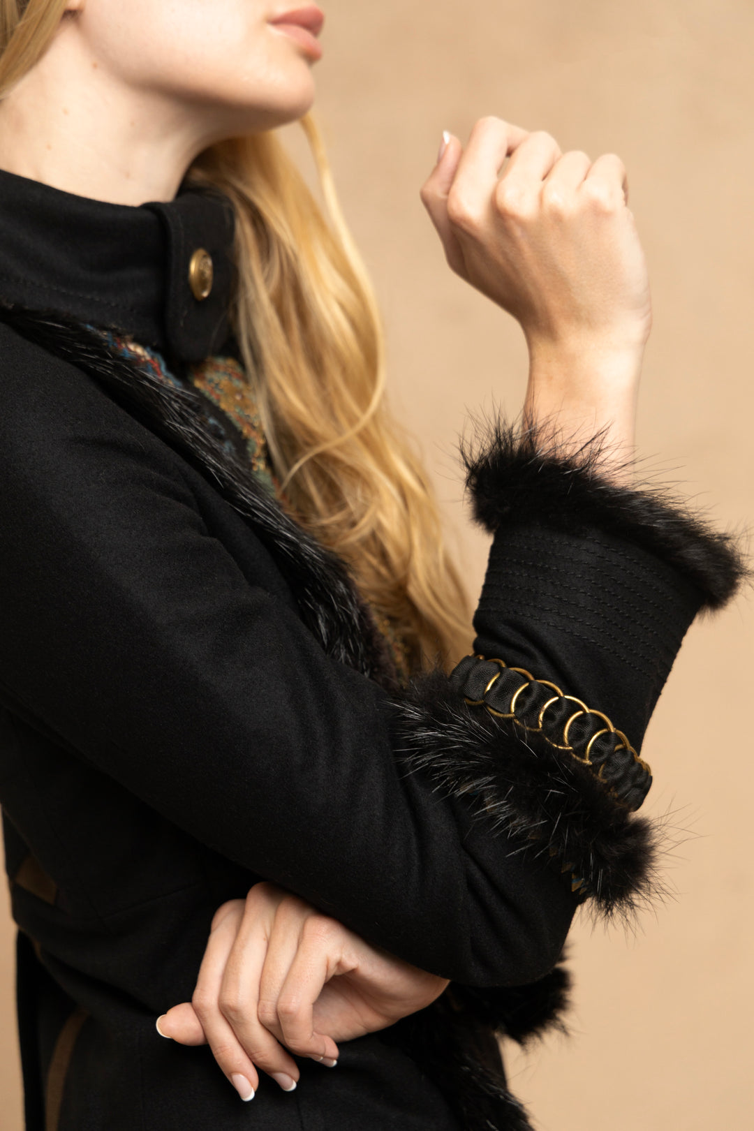 Gucci Black Wool Embroidered Military Jacket with Beaver Trim by Frida Giannini (AW 2008)