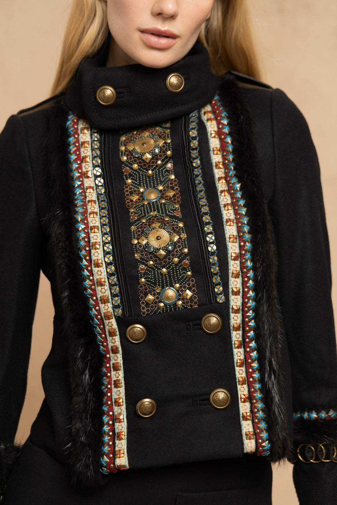 Gucci Black Wool Embroidered Military Jacket with Beaver Trim by Frida Giannini (AW 2008)