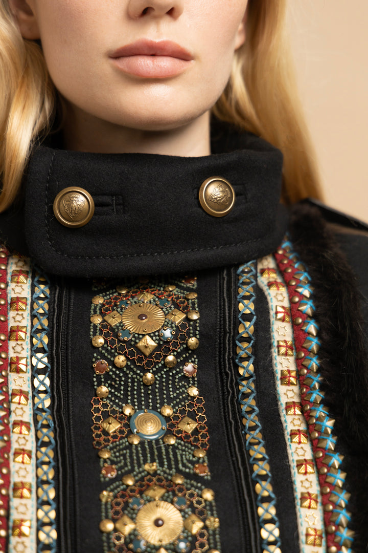 Gucci Black Wool Embroidered Military Jacket with Beaver Trim by Frida Giannini (AW 2008)